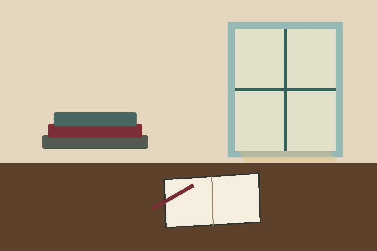 Plain books and an open notebook beside a window