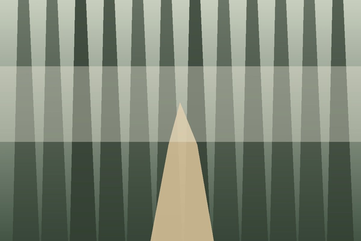 A winding forest path entering pale mist