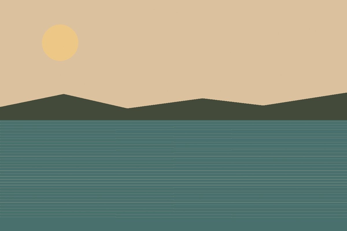 Morning light crossing a still lake beneath a pale sky